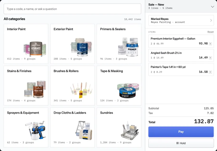 usellit POS sale screen: category grid and a named-customer cart on a tablet